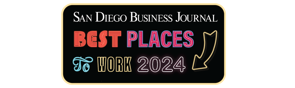 San Diego Business Journal Best Places to Work 2024 promotional banner with colorful text and arrow graphic.