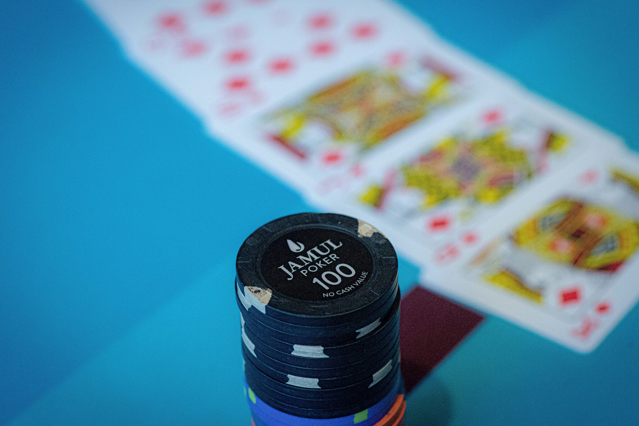 Close-up of a stack of Jamul Casino poker chips at the RunGood Poker Series, promising high-stakes excitement and big wins.