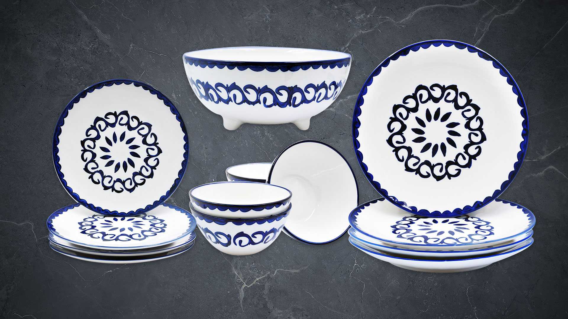 Blue and white ceramic plates and bowls